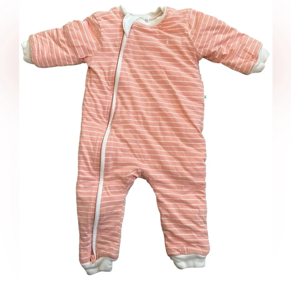 Little Green & Co Coral White Stripe Sleep Suit 2.0 Tog Quilted 2-way Zip 6-12